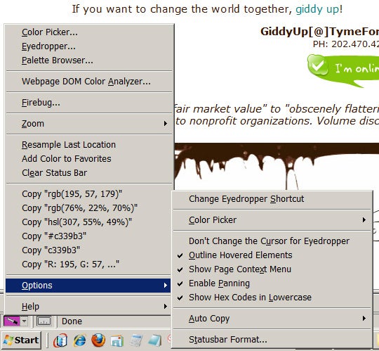 screenshot of Firefox ColorZilla extension