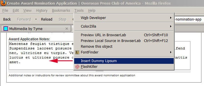 screenshot of Firefox Dummy Lipsum extension