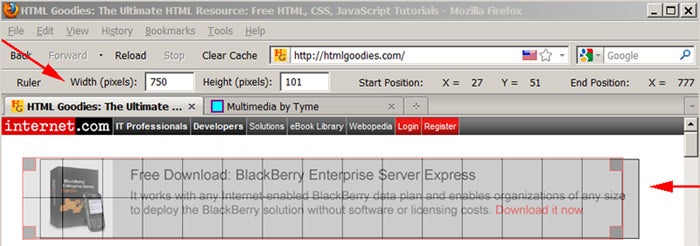 screenshot of firefox web developer extension -- miscellaneous, ruler