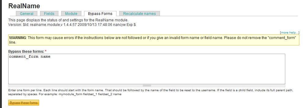 screenshot of RealName module bypass forms option