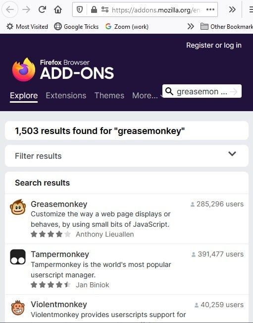 Risultati della ricerca del componente aggiuntivo Greasemonkey